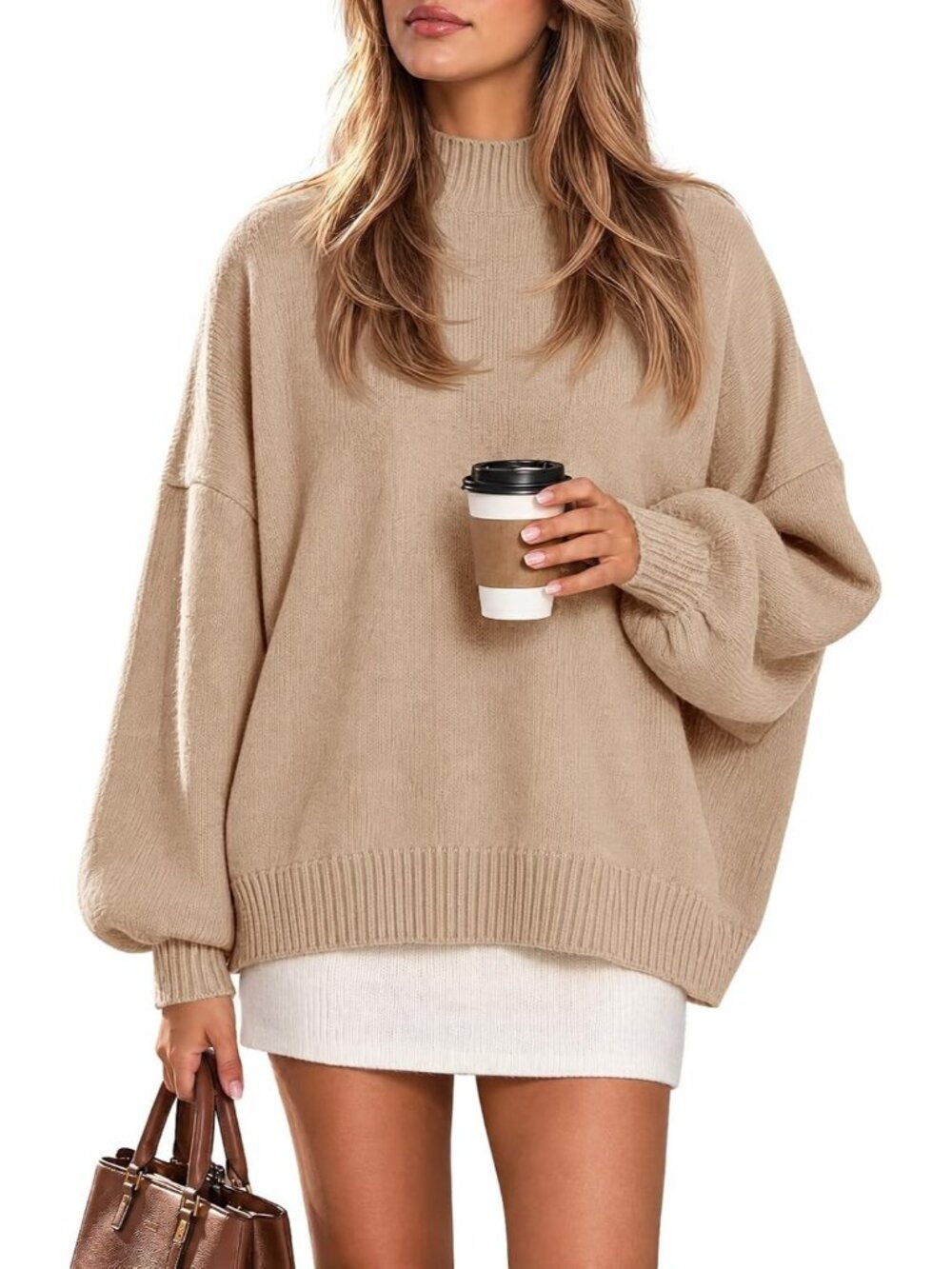 Women's Khaki Mock Neck Pullover Fall Tunic Oversized Chunky Knit Tops Sweater